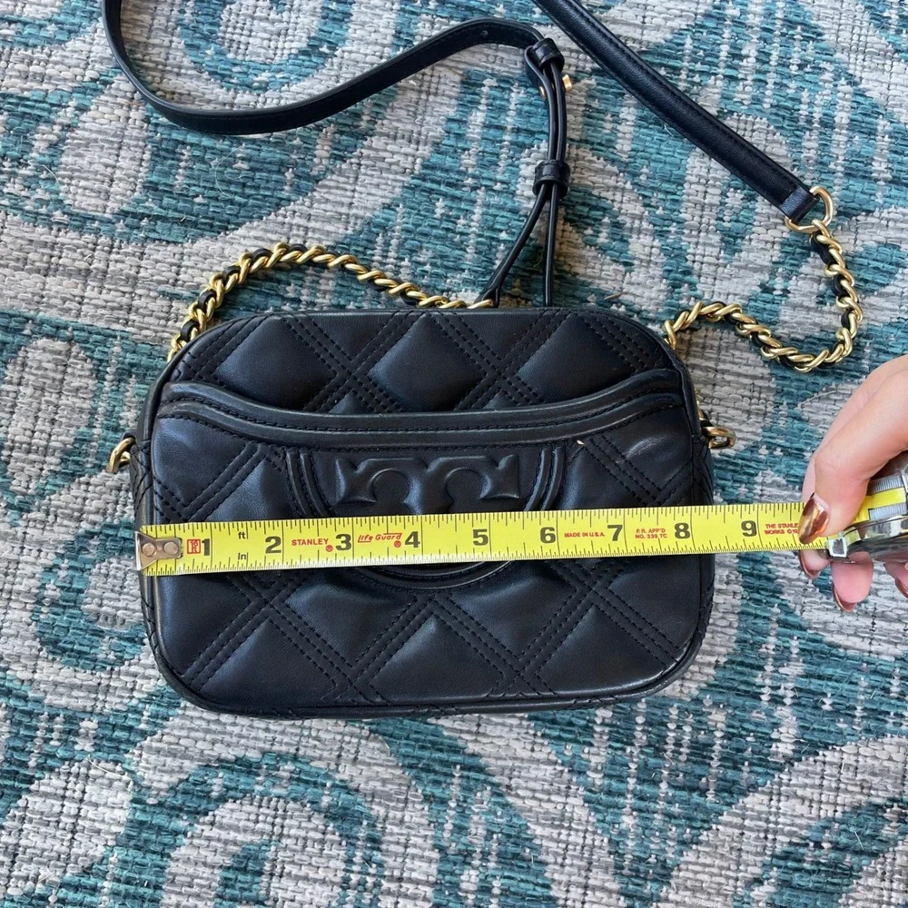 Tory Burch Kira Diamond Quilt Camera Crossbody Bag‎ Black Leather Gold Chain